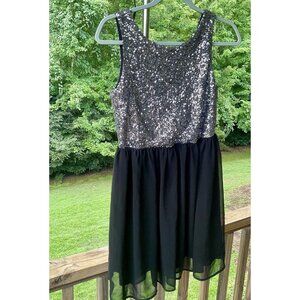 Y2K Fairy Whimsigoth Fancy Lined Babydoll MIDI Dress Black Silver Sequined Small
